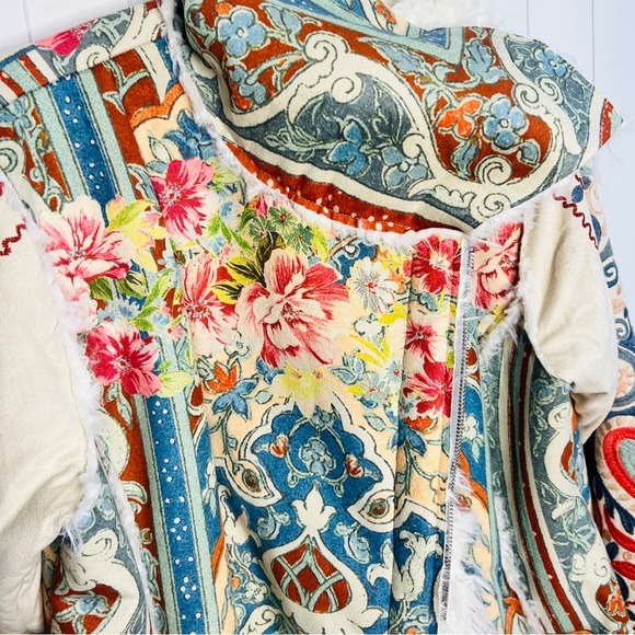 Johnny Was BIYA Halmstad Multi Patterned Embroidered Coat w/ Faux Fur & Suede L - Picture 5 of 14